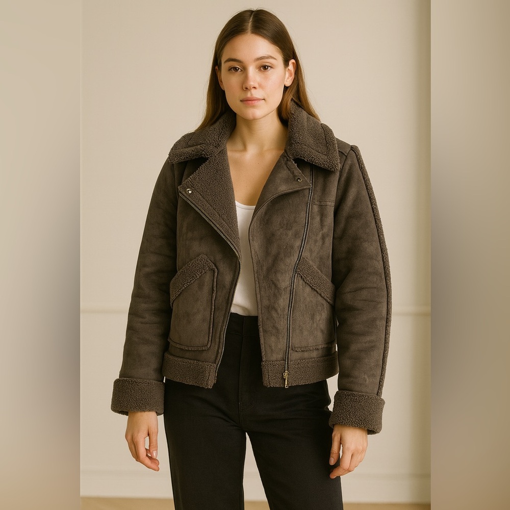 Marrakech Gray Faux Suede Sherpa-Moto Jacket -Size XS
A002